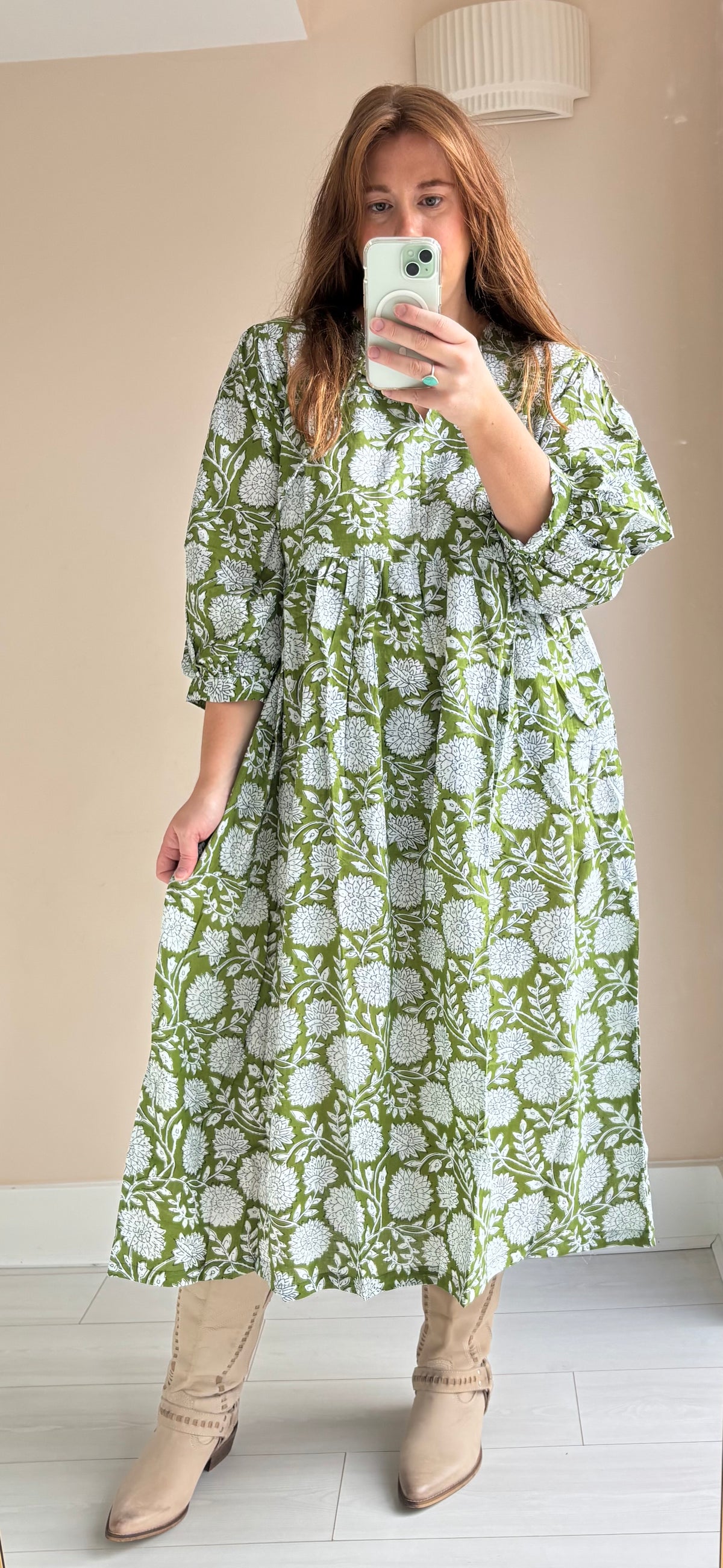 Floral-print cotton smock green moss