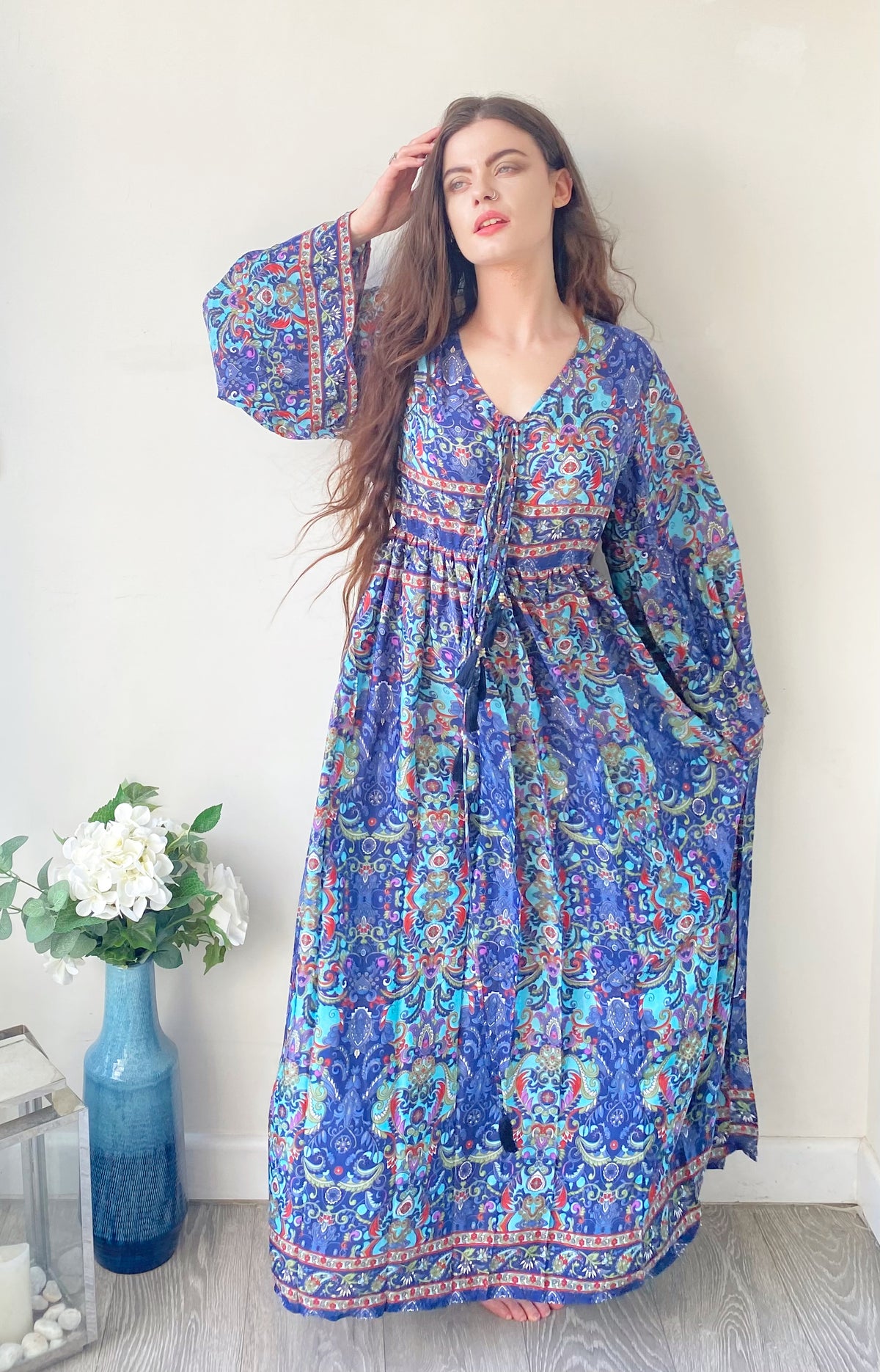 Nova red blue printed silk maxi dress free size UK8-16DRESSES