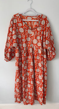 Floral-print cotton smock dress bright red