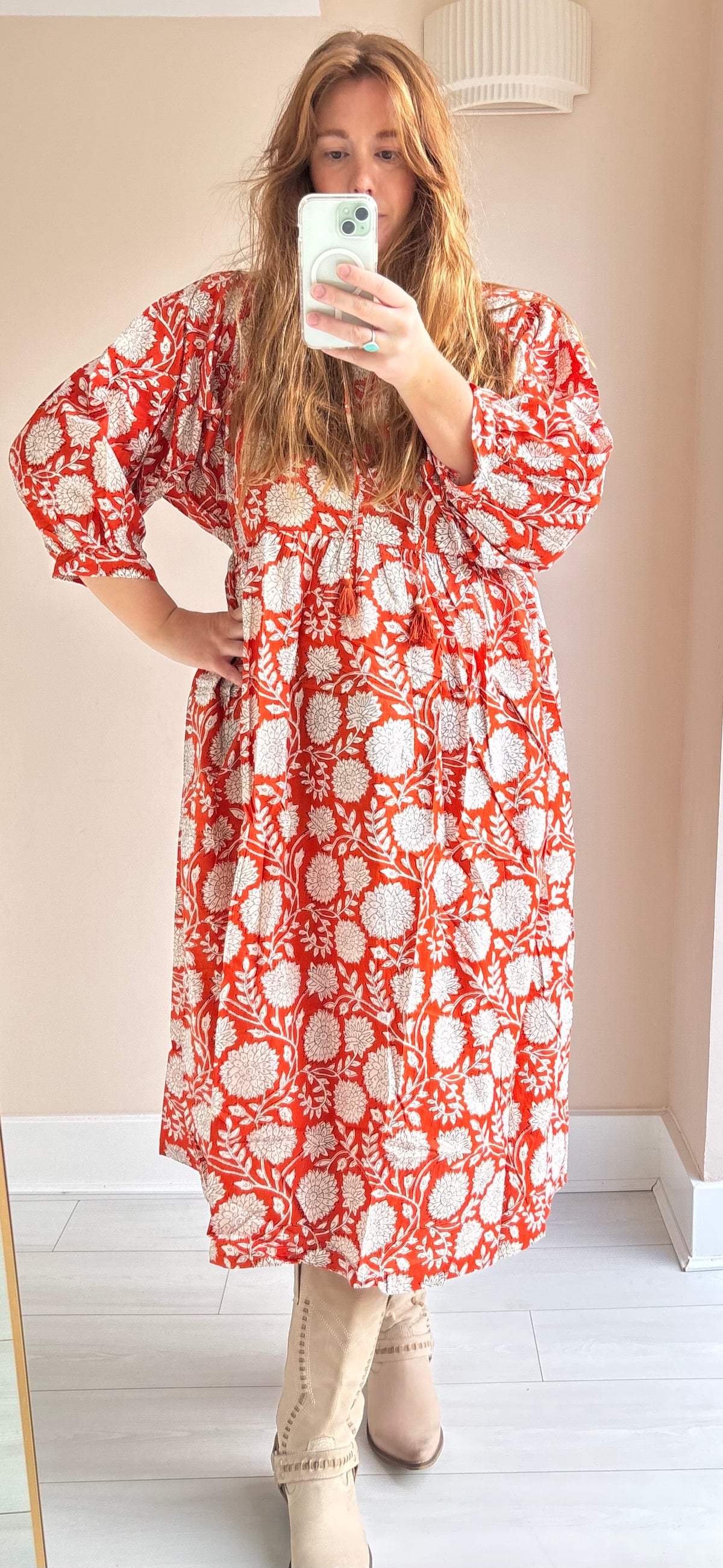 Floral-print cotton smock dress bright red