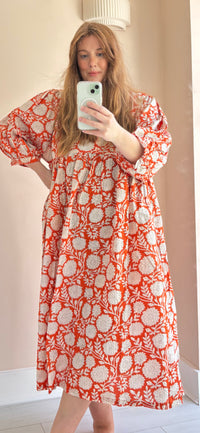 Floral-print cotton smock dress bright red