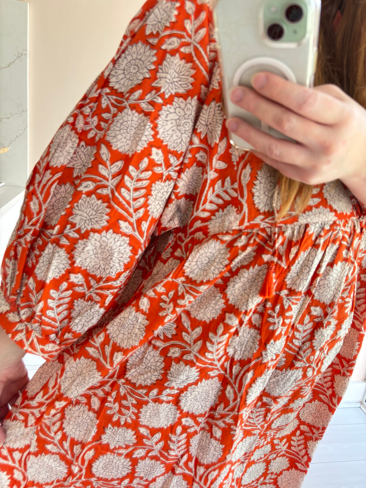 Floral-print cotton smock dress bright red
