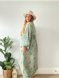 Nova blue gold boho silk dress