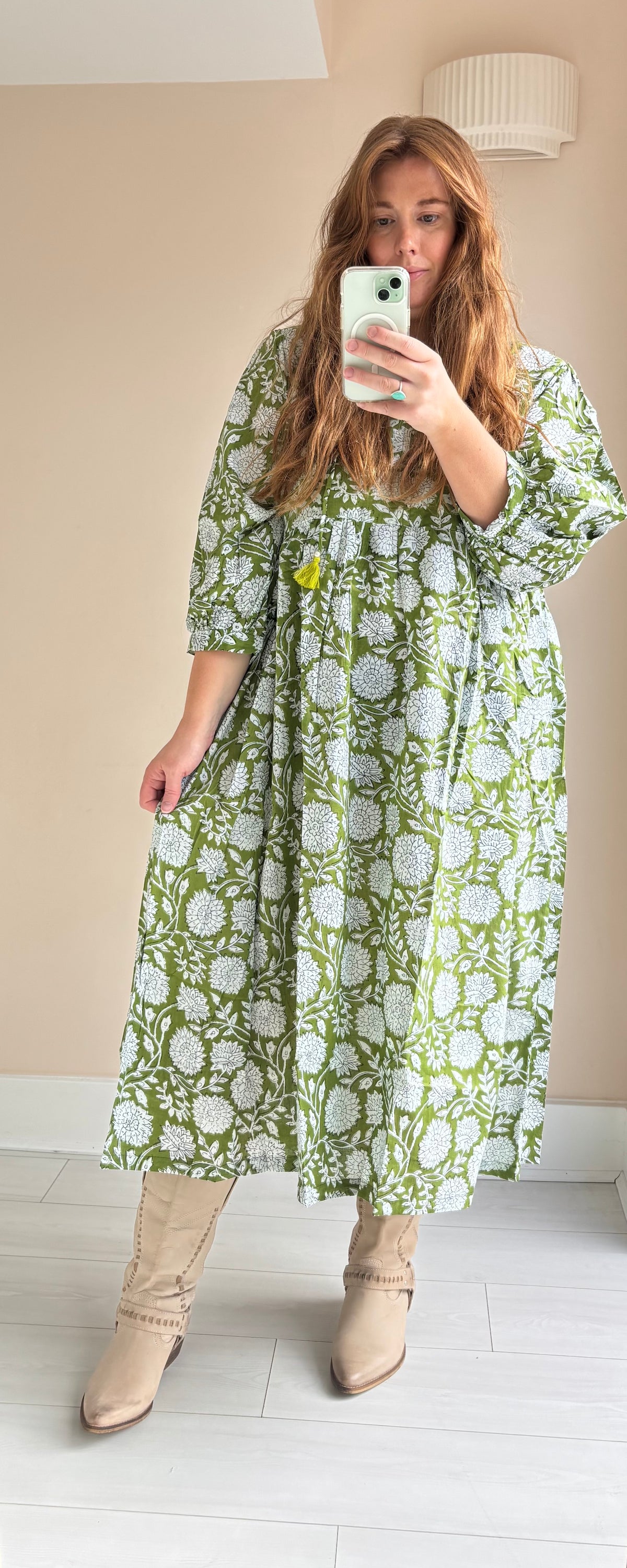 Floral-print cotton smock green moss