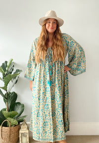 Nova blue gold boho silk dress