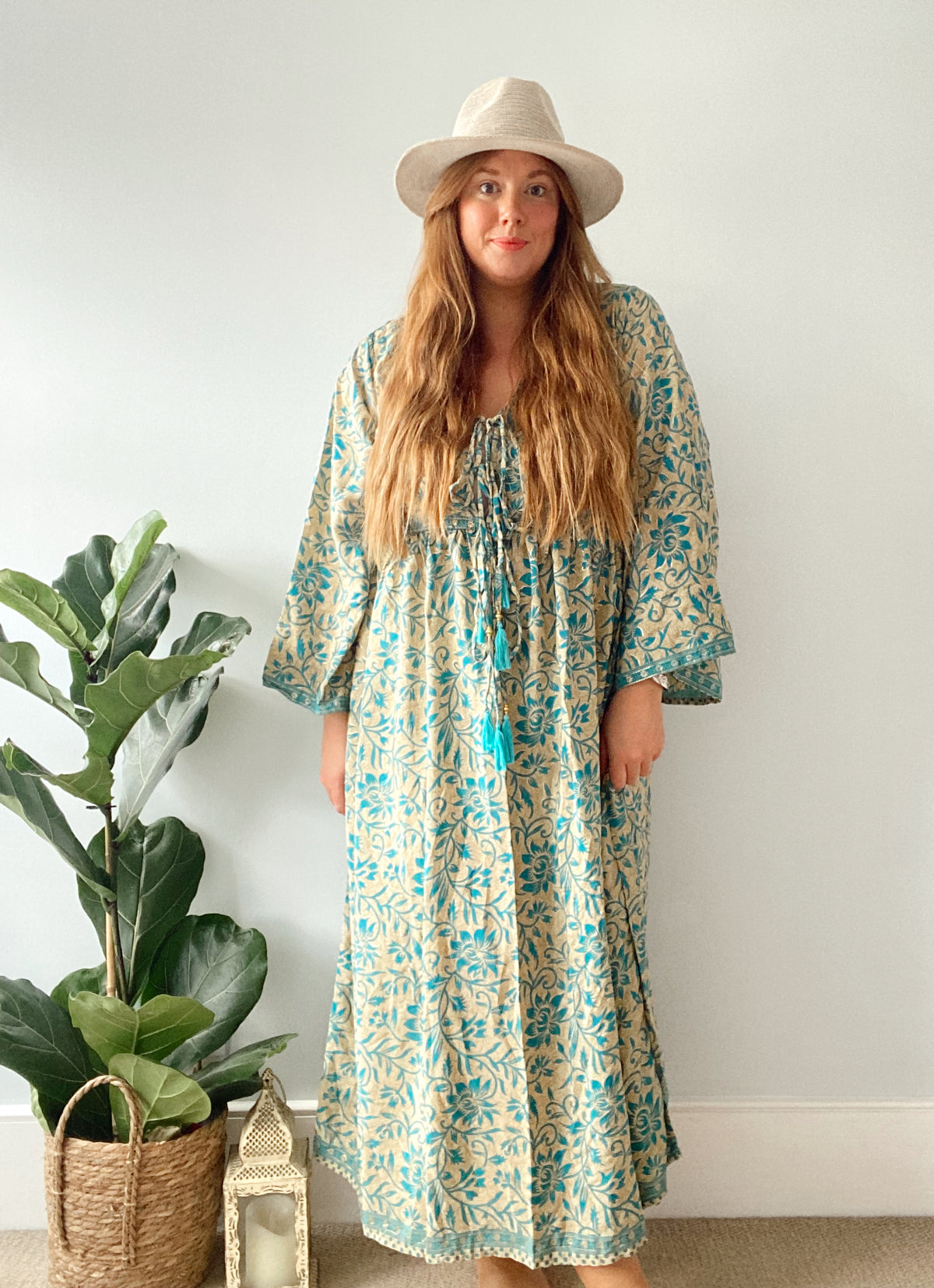 Nova blue gold boho silk dress