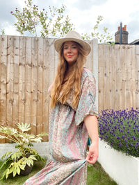 Cora pink and blue pastel floral-print silk midi dress