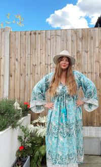 Nova blue green paisley boho silk dress