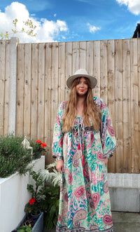 Nova pink green paisley-print boho silk dress