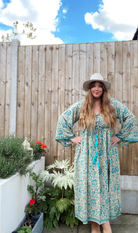 Nova blue gold boho silk dress