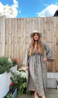 Nova grey pink paisley-print boho silk dress
