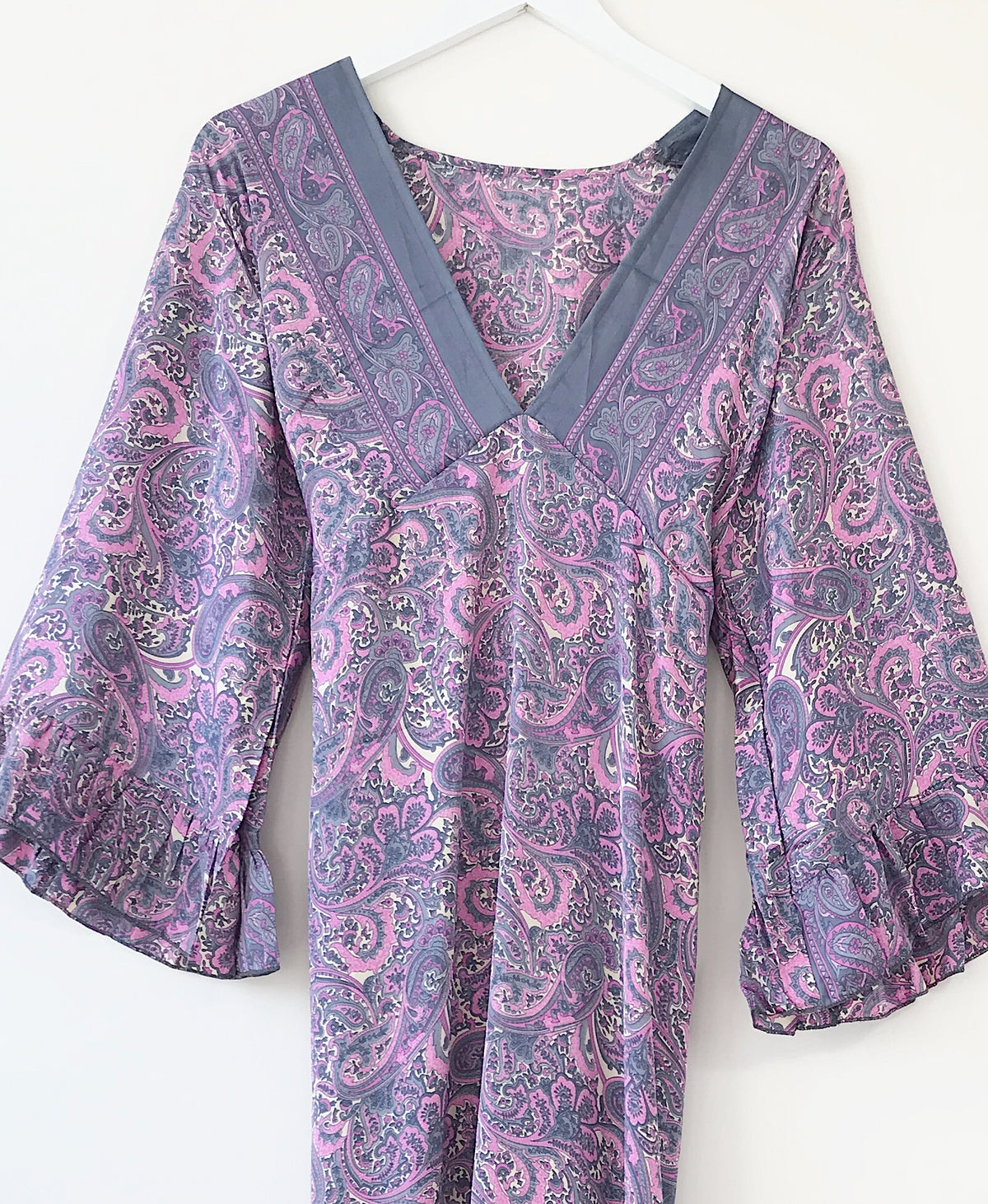 Bluebell lilac vintage-silk free-size ruffled-sleeved tie maxi dress with elegant paisley pattern, soft flowing fabric, and boho style perfect for relaxed, stylish occasions.
