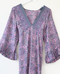 Bluebell lilac vintage-silk free-size ruffled-sleeved tie maxi dress with elegant paisley pattern, soft flowing fabric, and boho style perfect for relaxed, stylish occasions.