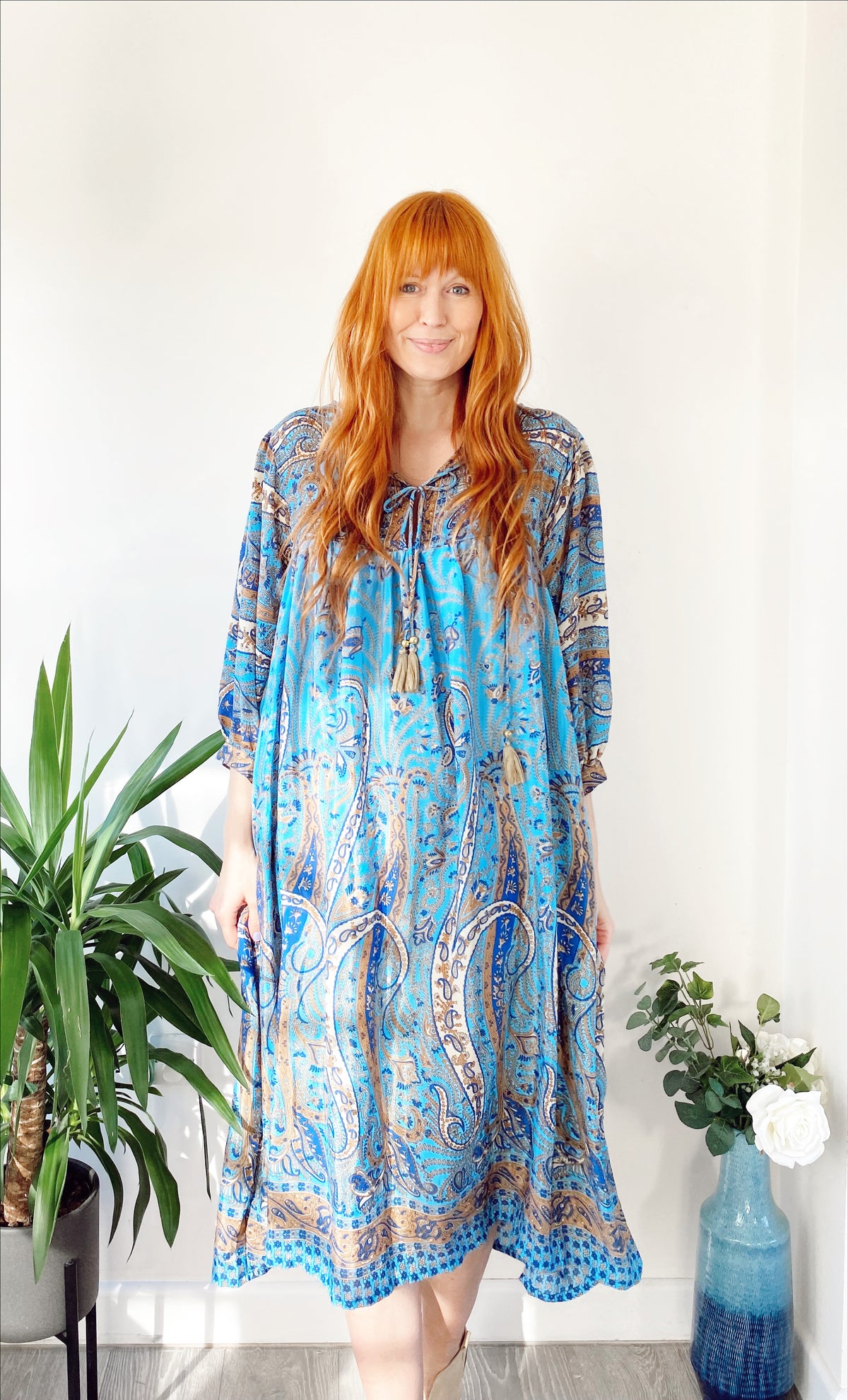 Aurora blue floral paisley-print silk midi dress free-size UK 8-16DRESSES