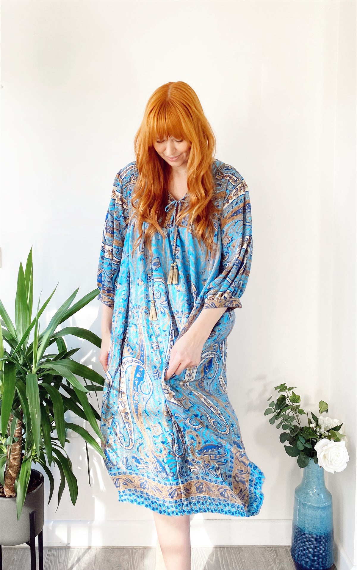 Aurora blue floral paisley-print silk midi dress free-size UK 8-16DRESSES