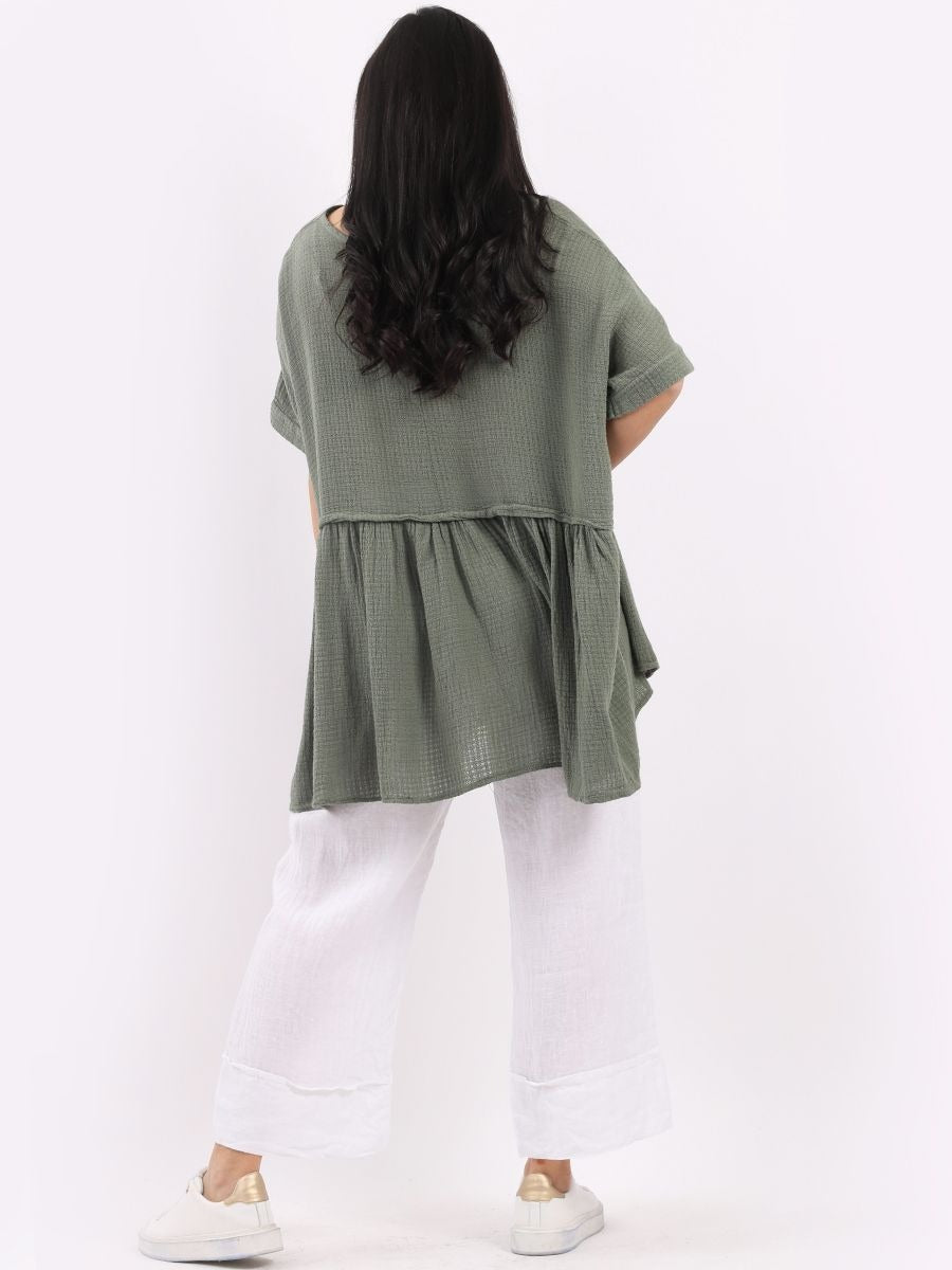 Smock lagenlook khaki boho cotton top free size UK 8-16DRESSES
